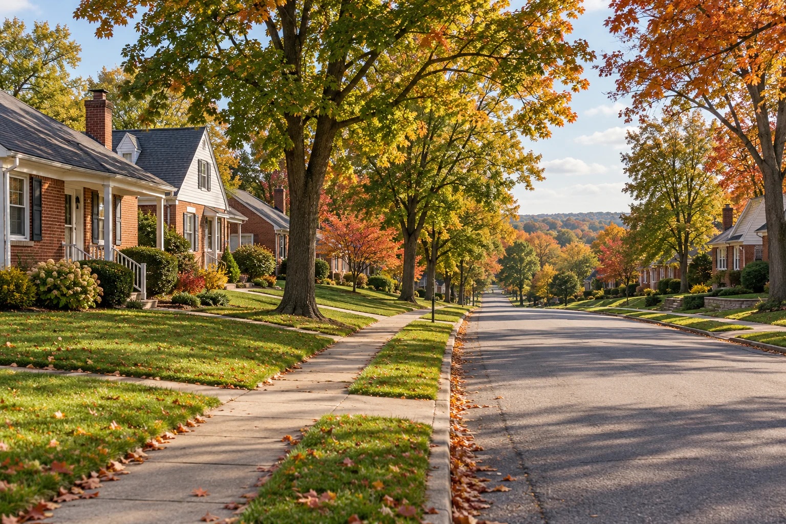Illustrative tree-lined Midwest neighborhood